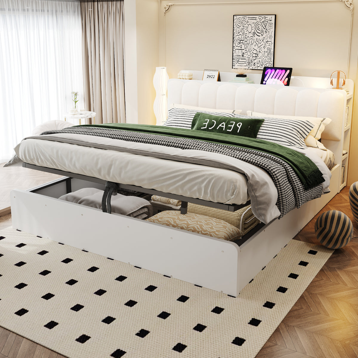 Wooden Flatbed 180x200cm with Hydraulic Storage & USB, White