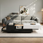 Coffee Table 100x50x38cm, High-Gloss with 1 Drawer & Sliding Top, Black and White Stitching