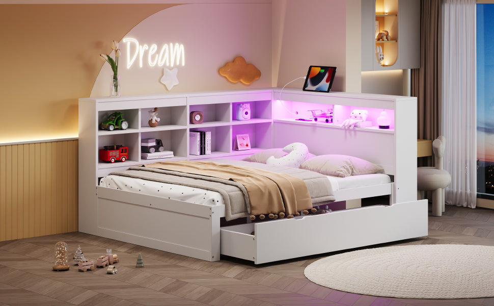 Solid Wood Sofa, 140x200cm Double Bed with Drawers, USB, LED, Shelves, White