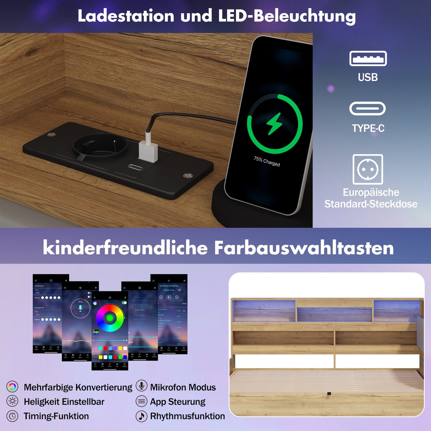 Daybed with Hydraulic Storage, USB Charging and LED Lighting, 140x200cm, Natural Wood
