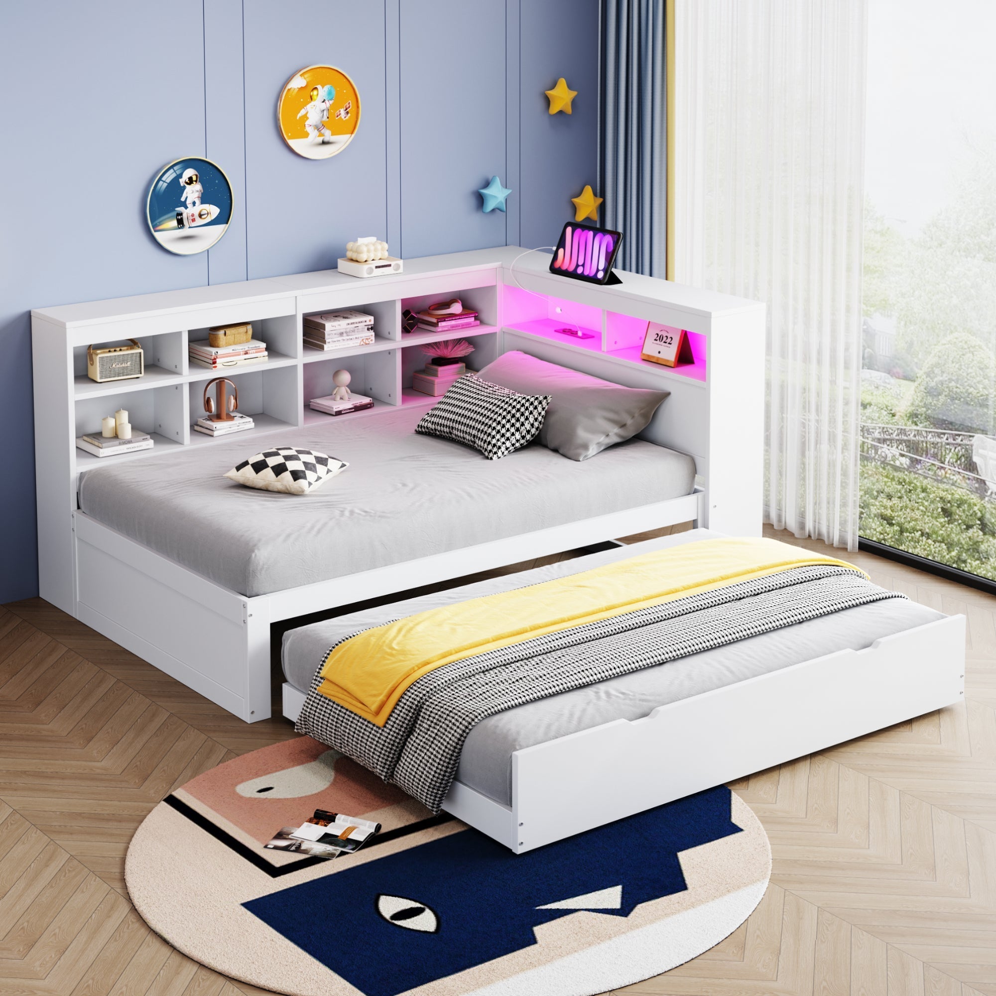 Solid Wood Sofa with Pull-Out Bed, USB & LED, White
