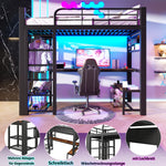 Loft Bed 90x200cm with LED Light & Desk - Black Metal