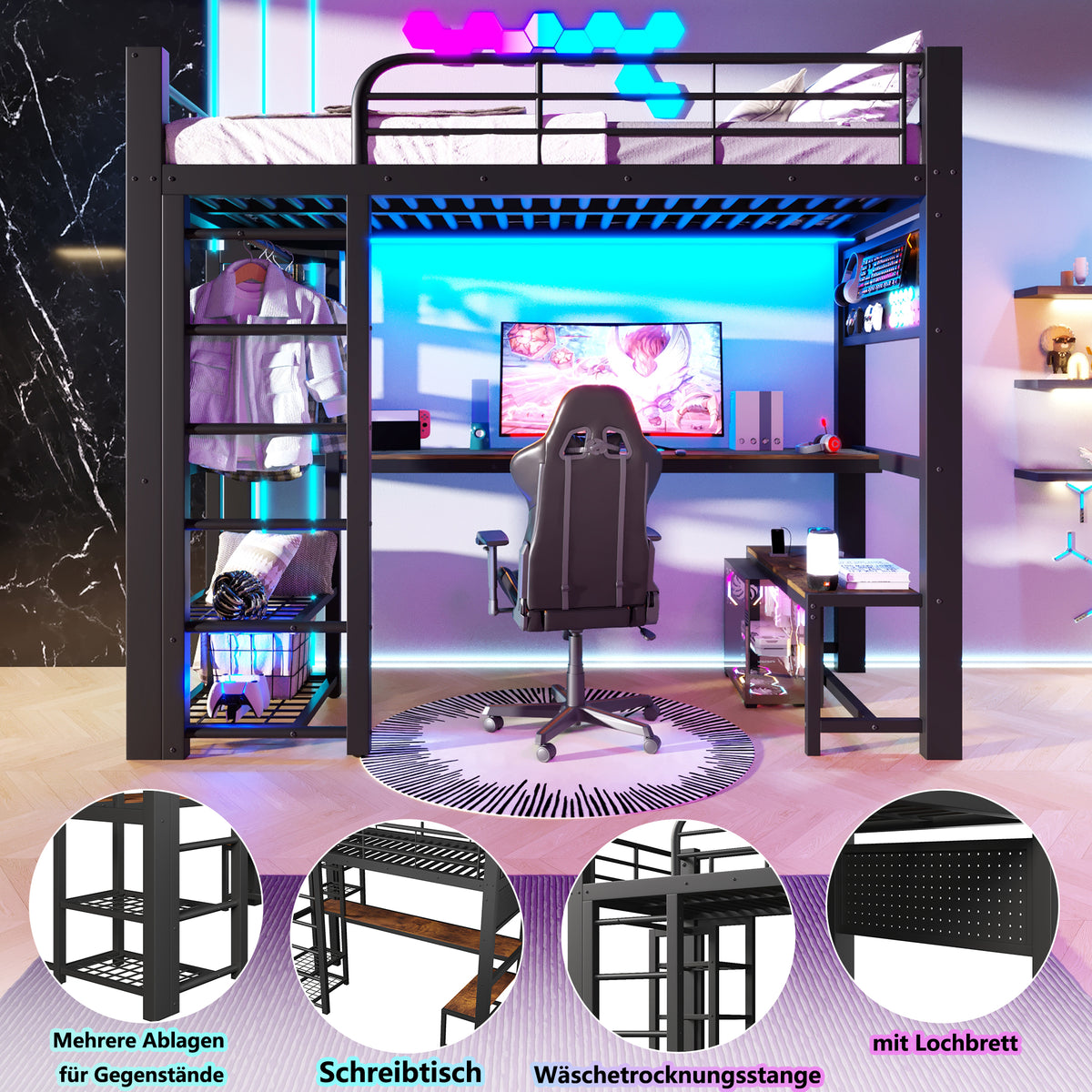 Loft Bed 90x200cm with LED Light & Desk - Black Metal