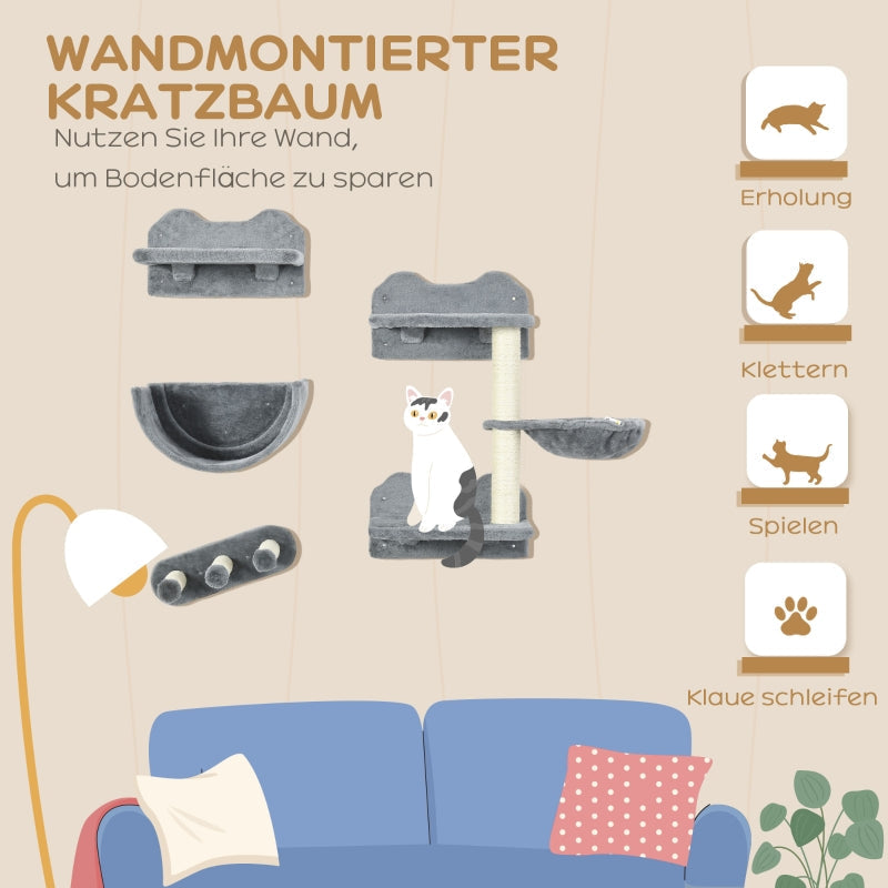 Cat Climbing Wall - 4 Pcs., Scratching Post, Cat Stairs, Hammock, Jumping Platform, Wood