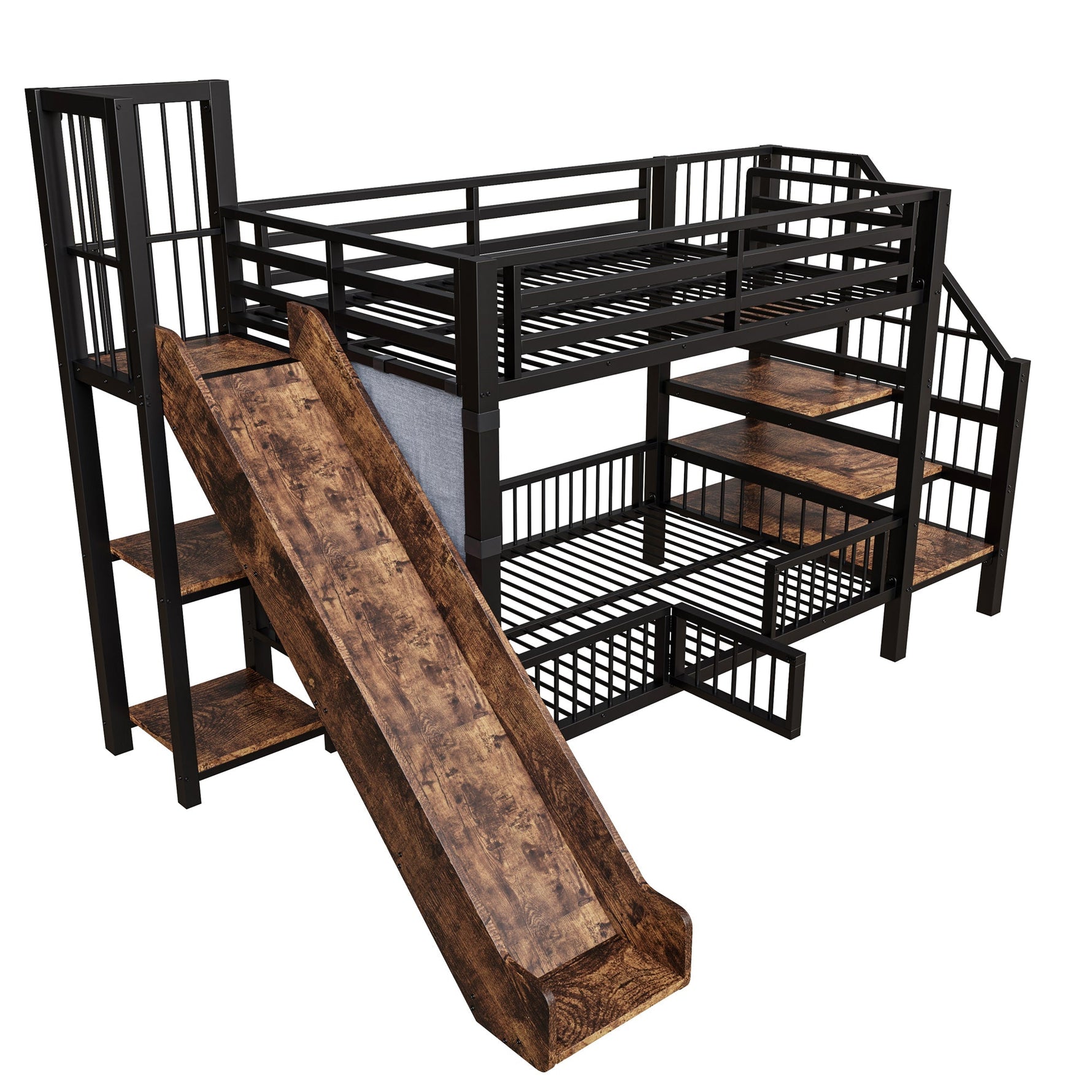 Children's Metal Loft Bed with Slide, Storage Stairs and Shelves, Black