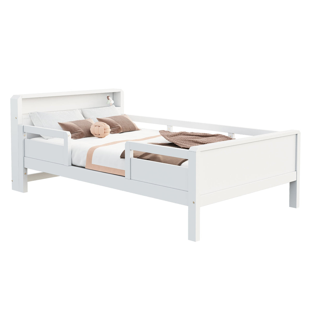 Wooden Bed, 90x200cm Multifunctional with USB & LED, Pinewood White