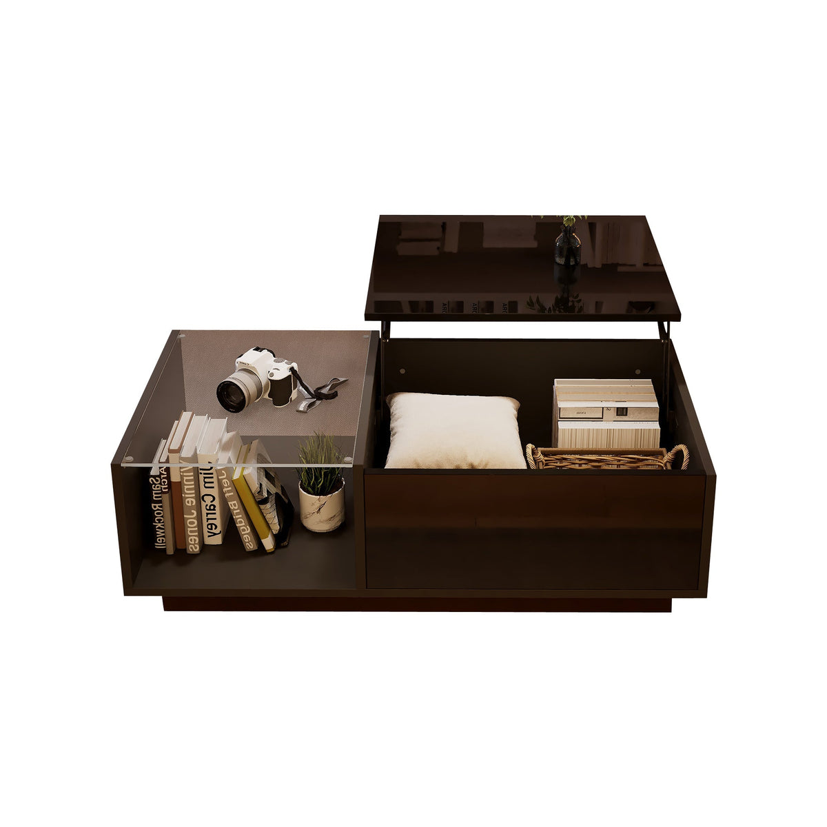 LED Coffee Table, Height-Adjustable with Hidden Storage and Shelf, High-Gloss