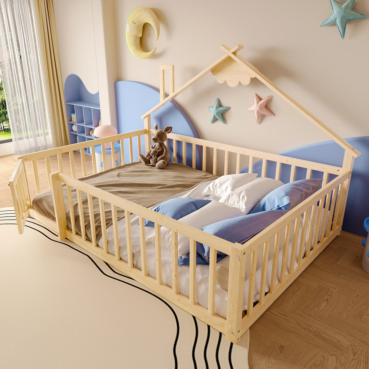 Flatbed 140x190cm House Rail with Lock - Pine Wood Natural