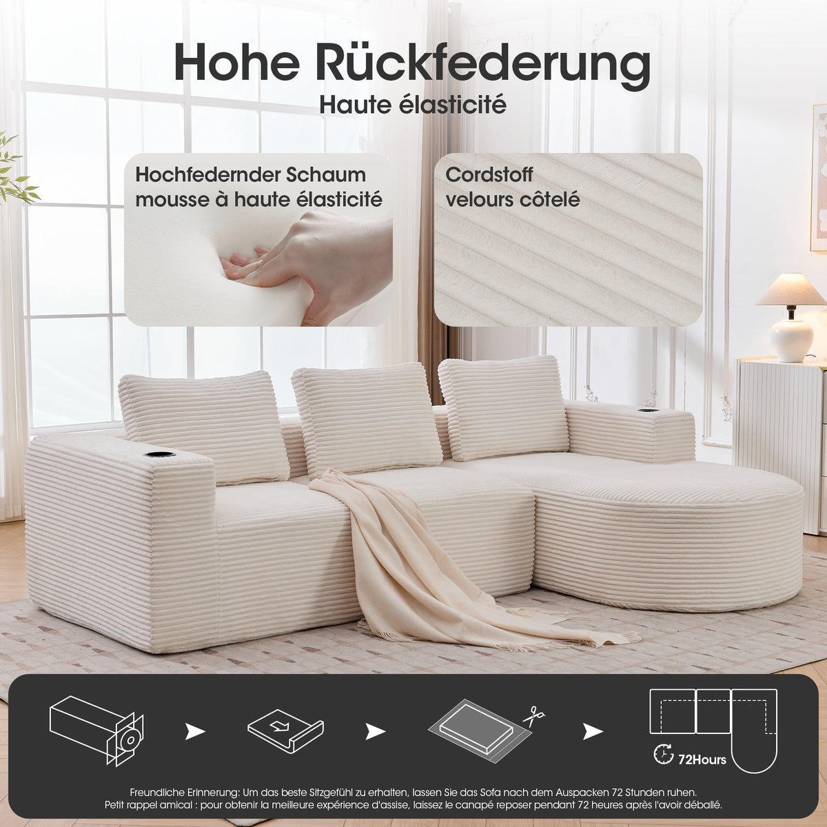 Double Sofa with 3 Pillows and 2 Cup Holders, 265cm Wide Fully Compressed, Feather and Plastic