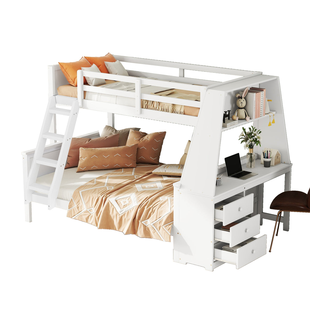 Bunk Bed with Table & Storage, 90x200/140x200 cm, White