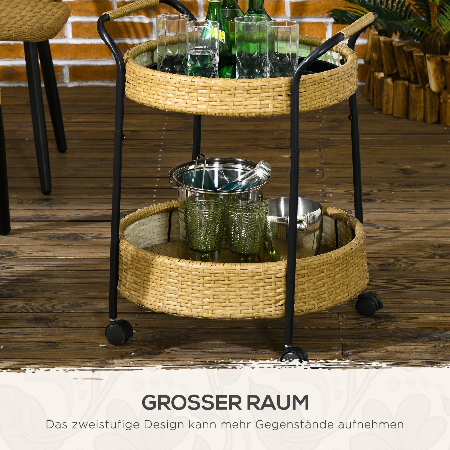 Serving Cart, 2 Shelves, Rattan, Natural