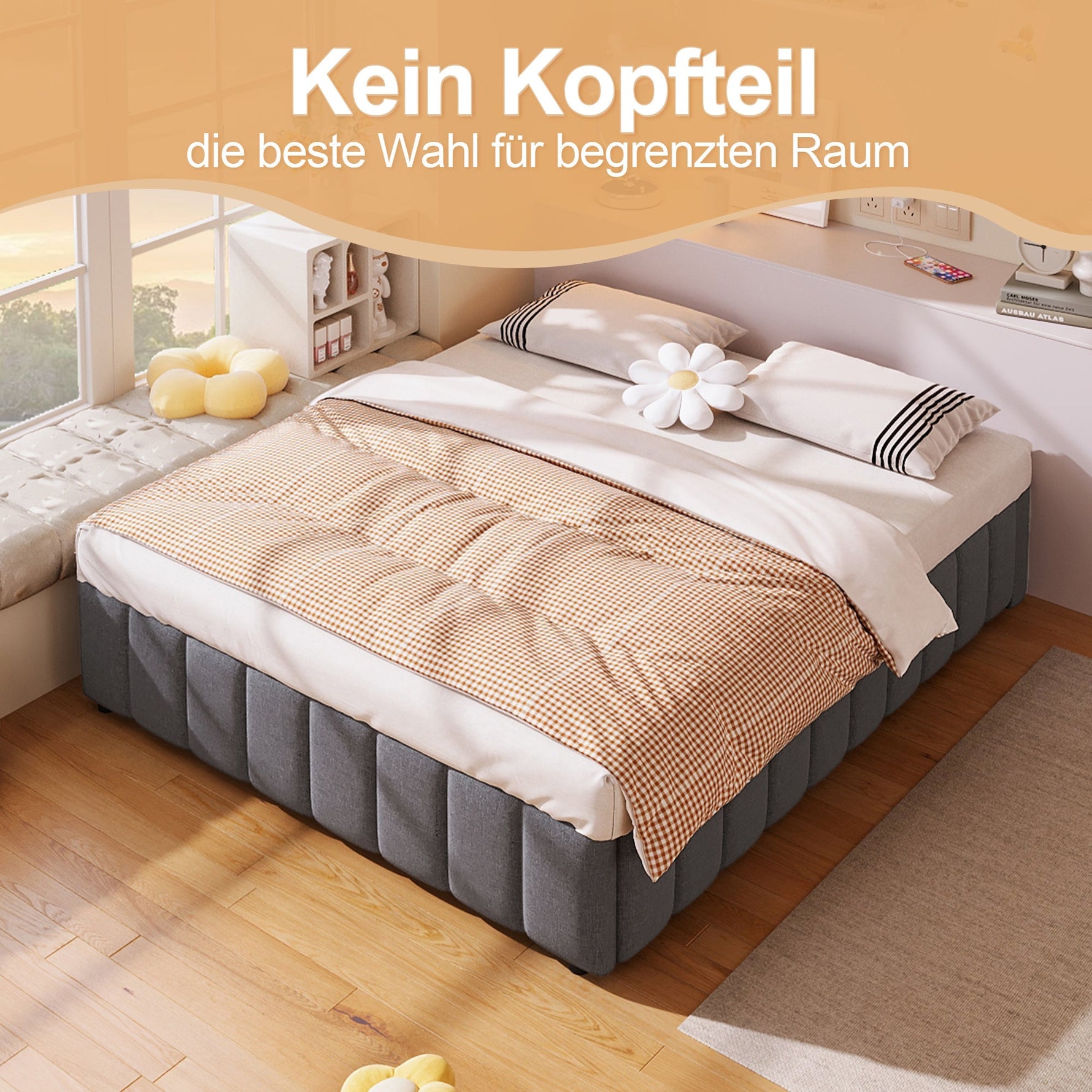 Upholstered Bed with Hydraulic Storage and No Headboard, 140x200cm, Grey Linen