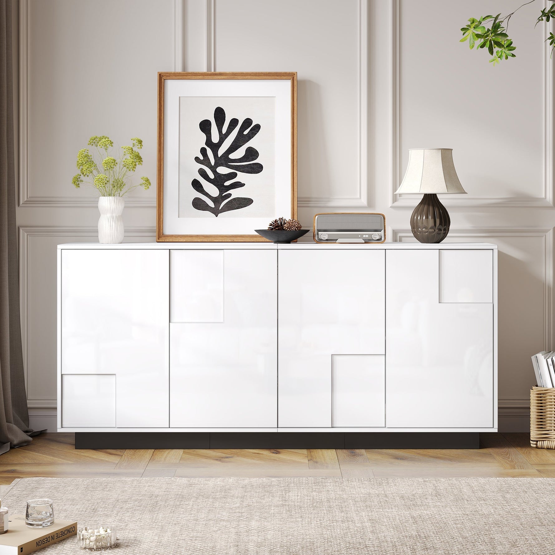 Sideboard 160cm High-Gloss 4 Doors Storage Geometric Design - White/Black