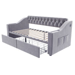Upholstered Sofa Bed 90x190cm USB Charging Armrest Storage Drawer Light Grey Velvet