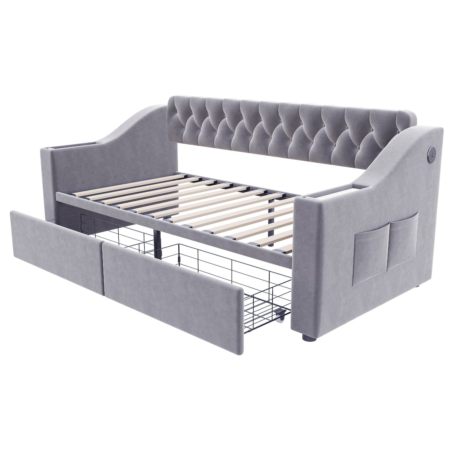 Upholstered Sofa Bed 90x190cm USB Charging Armrest Storage Drawer Light Grey Velvet