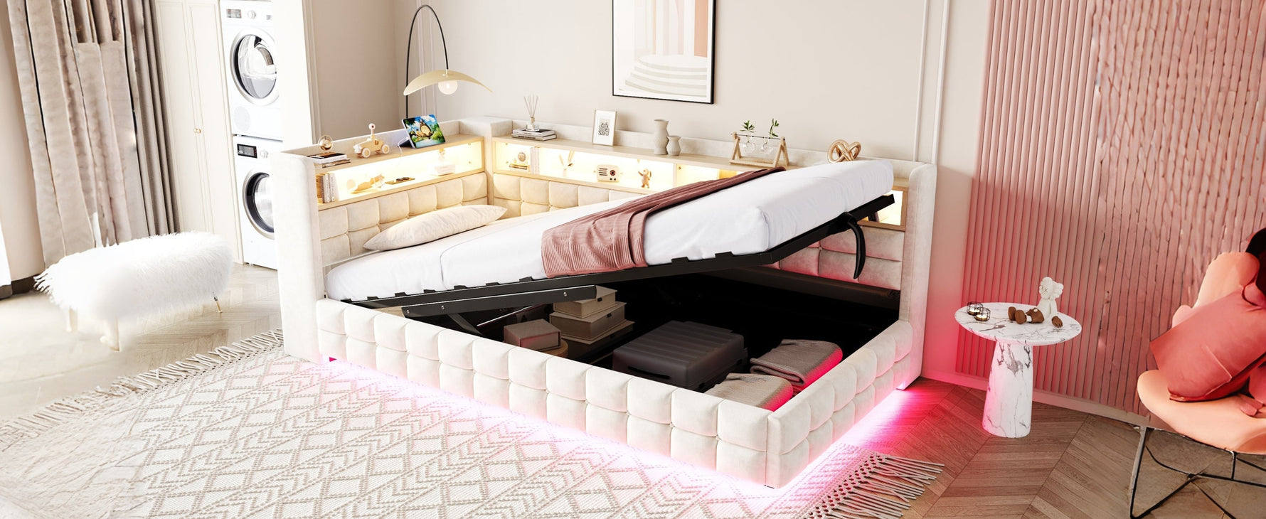 Upholstered Sofa Bed 90x200cm Hydraulic Storage LED USB Ports Beige Velvet