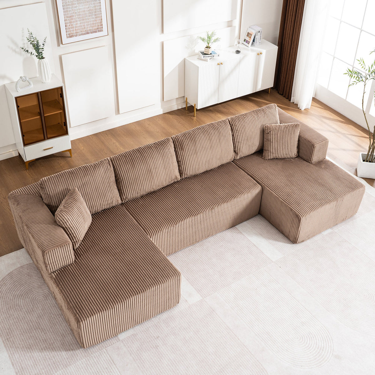 Modern U-Type Leisure Sofa with Modular Non-Assemble Design and Lounge Chairs, Lamp Fabric