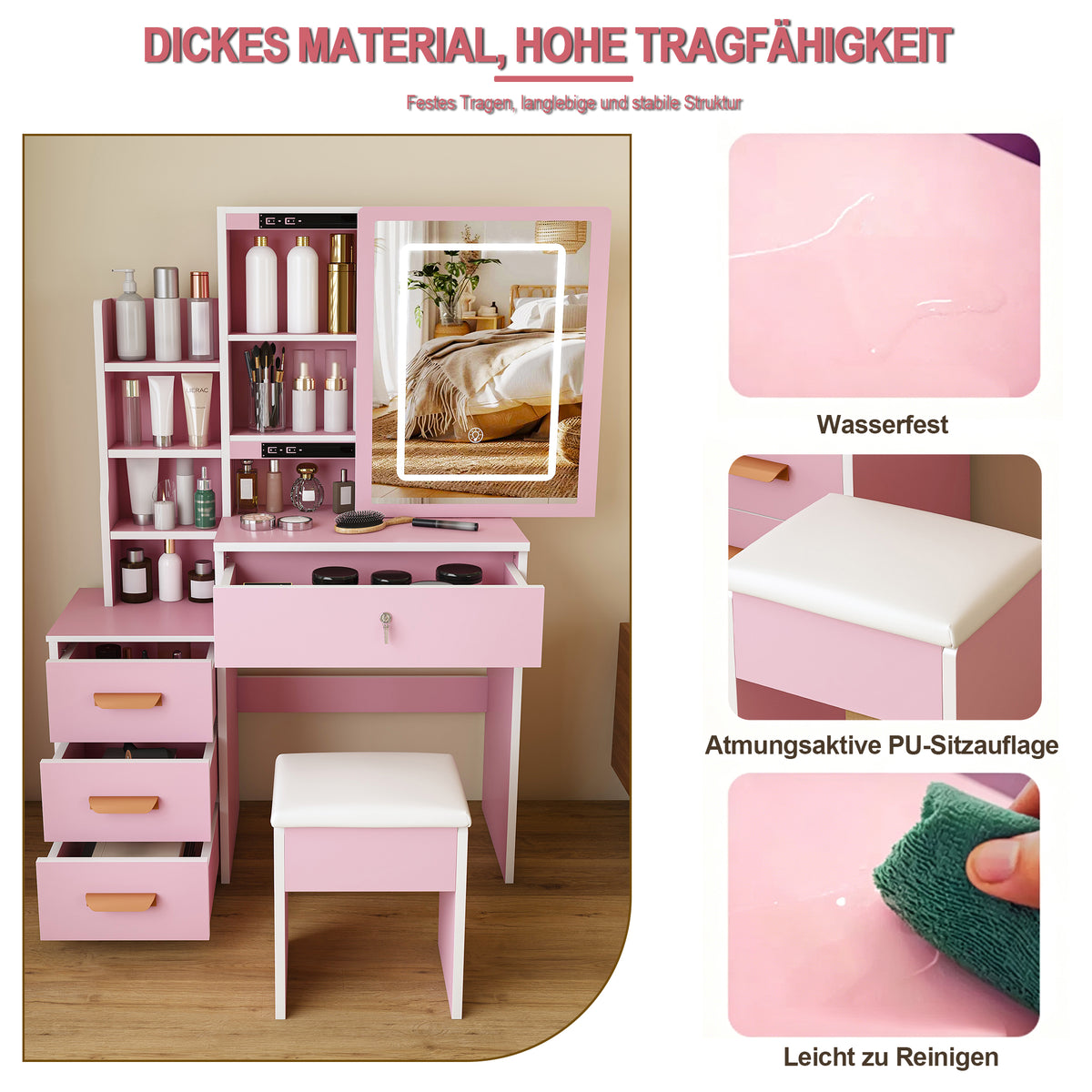 Dressing Table Set with LED Mirror, Stool & 4 Drawers, Pink