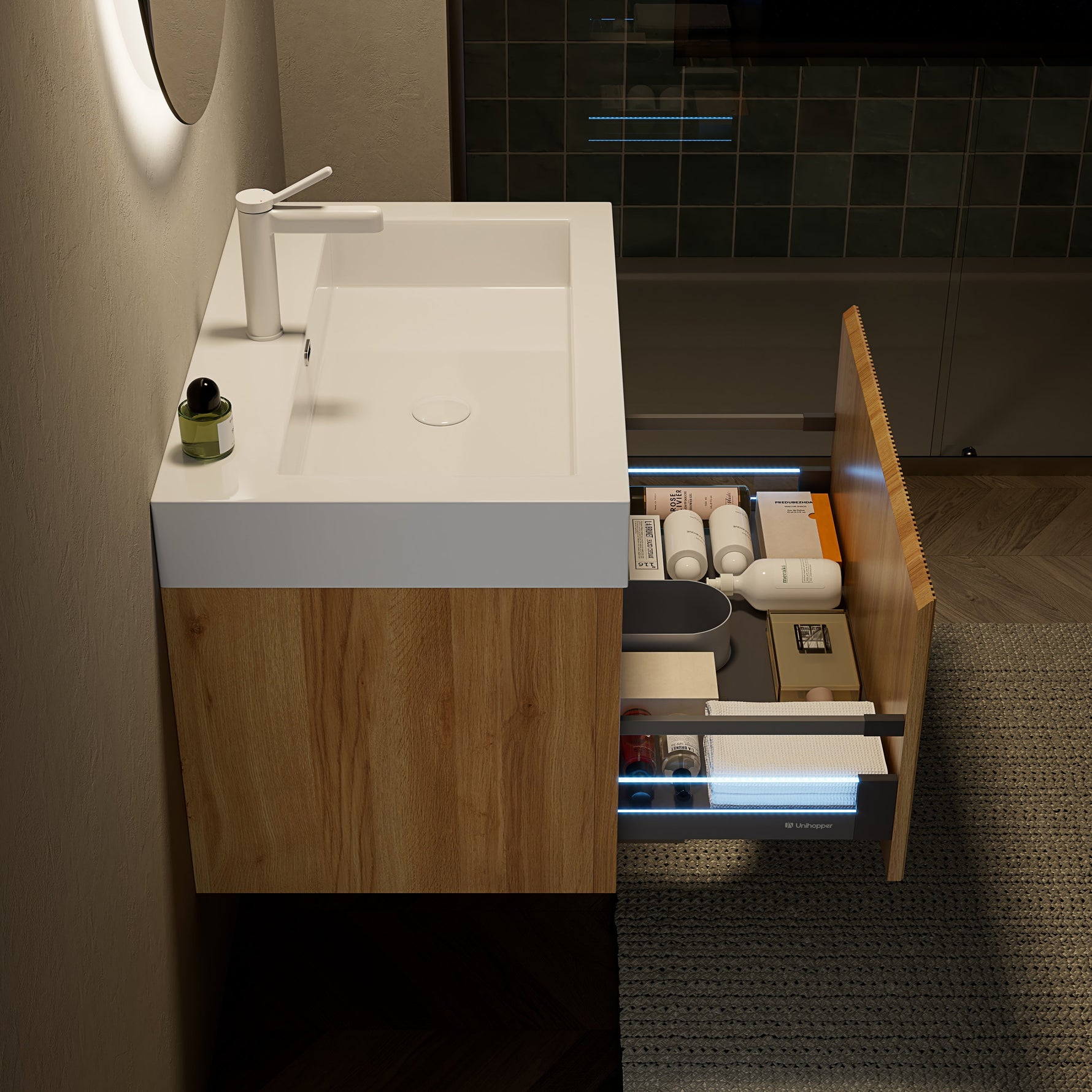 Wall-Mounted Bathroom Vanity Unit with Resin Basin and Drawer, Natural Wood Grain