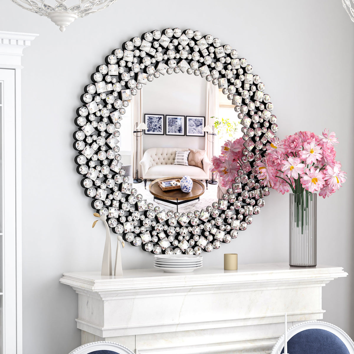 Wall Mirror, Round Crystal Accent 34 inch