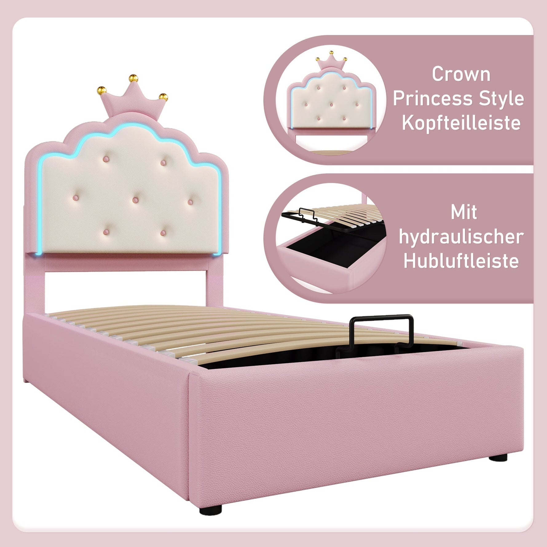 Upholstered Bed 90x200cm Princess Hydraulic Storage Ambient LED Lighting Pink PU