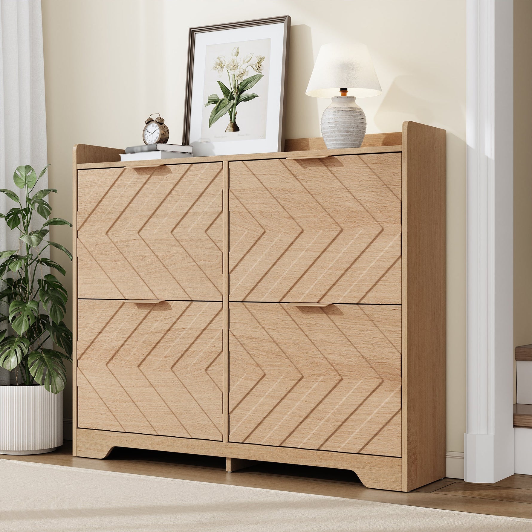 Shoe Cabinet with 4 Flip Drawers and 3D Textured Front, Space-Saving Entryway Storage, Wood White