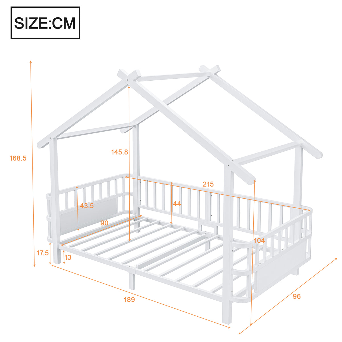 Children's House Bed 90x200cm with Safety Rail, White Metal