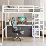 Loft Bed 140x200cm Desk Power/USB-C Shelves Stepladder - White Iron Frame