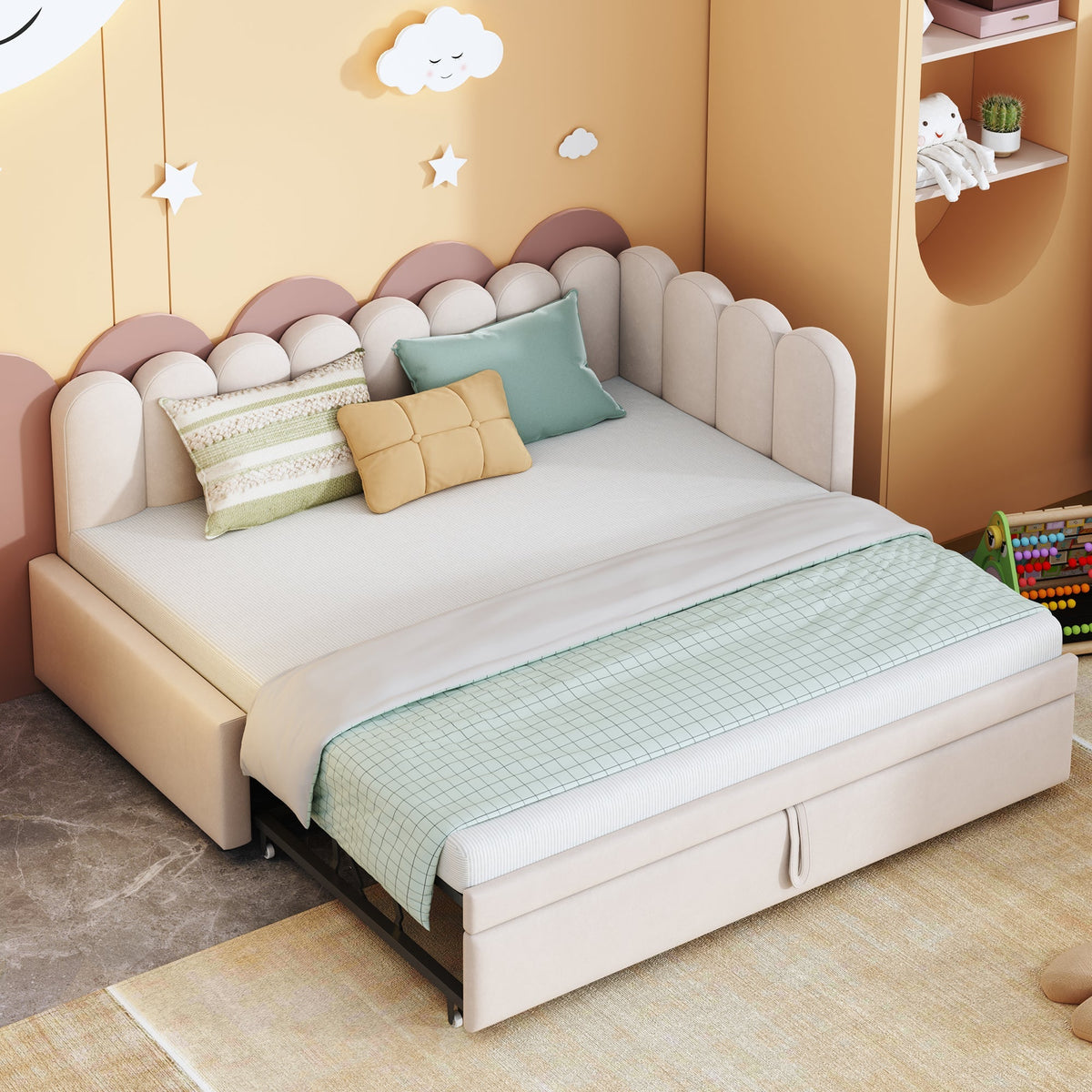 2-in-1 Sleeper Sofa L-Shaped Multifunctional Bed 90/180x200cm Velvet Beige