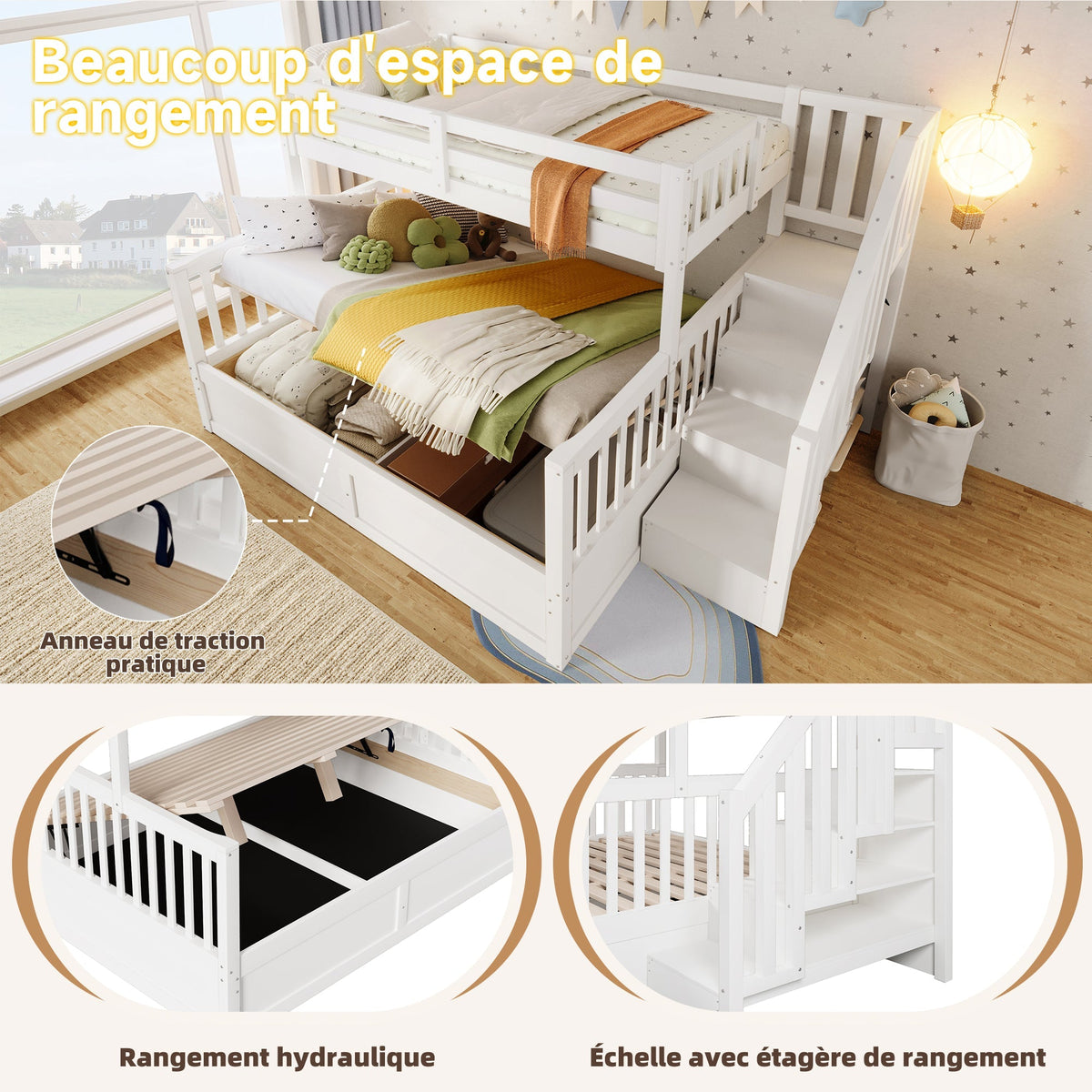 Bunk Bed 90/140x200cm Hydraulic Storage Ladder White