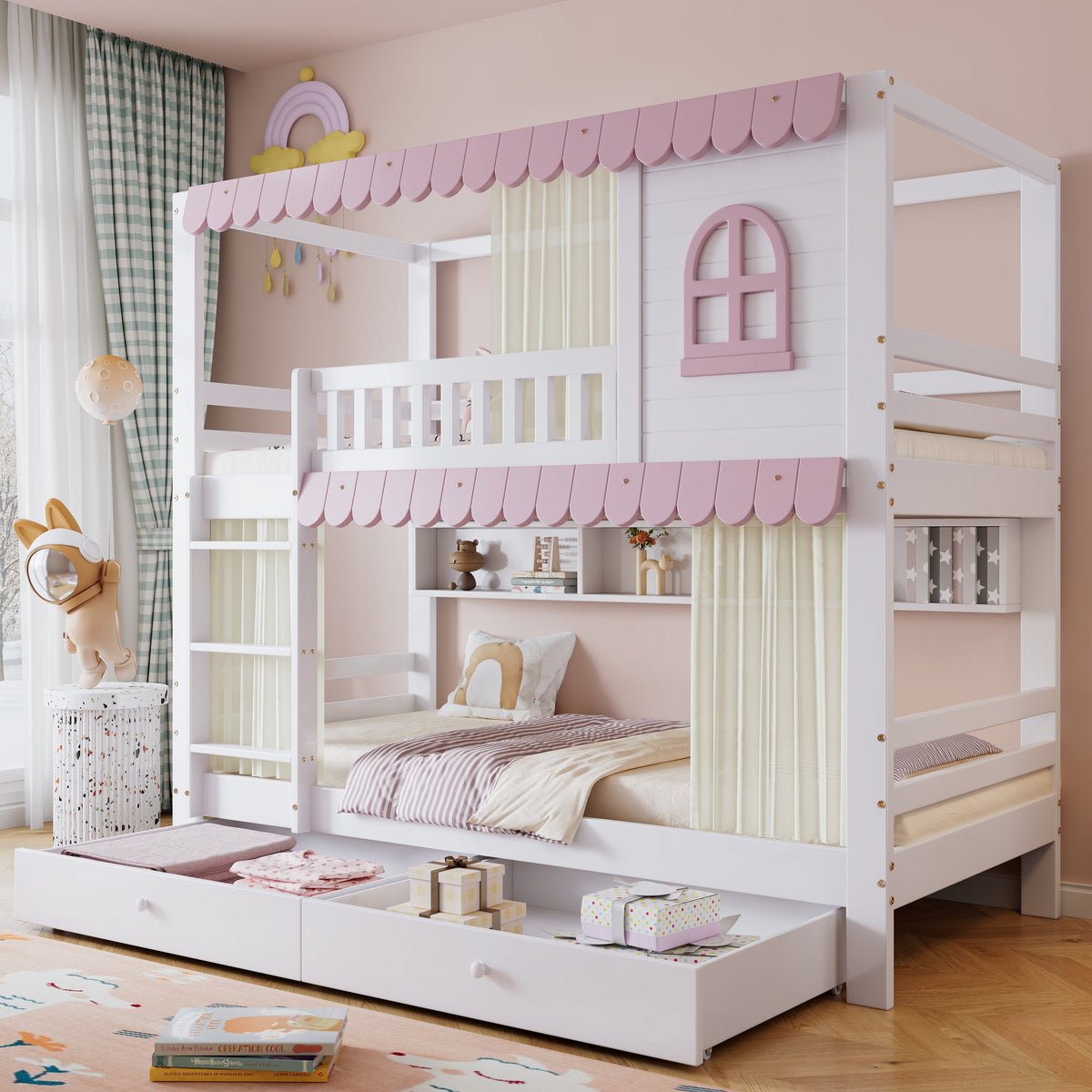 Bunk Bed, Children's with Windows, Curtains, Safety Gate & Storage, Pine + MDF, White + Pink