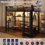 Loft Bed 90x200 with Desk, Shelves & LED Light, Black Iron Frame