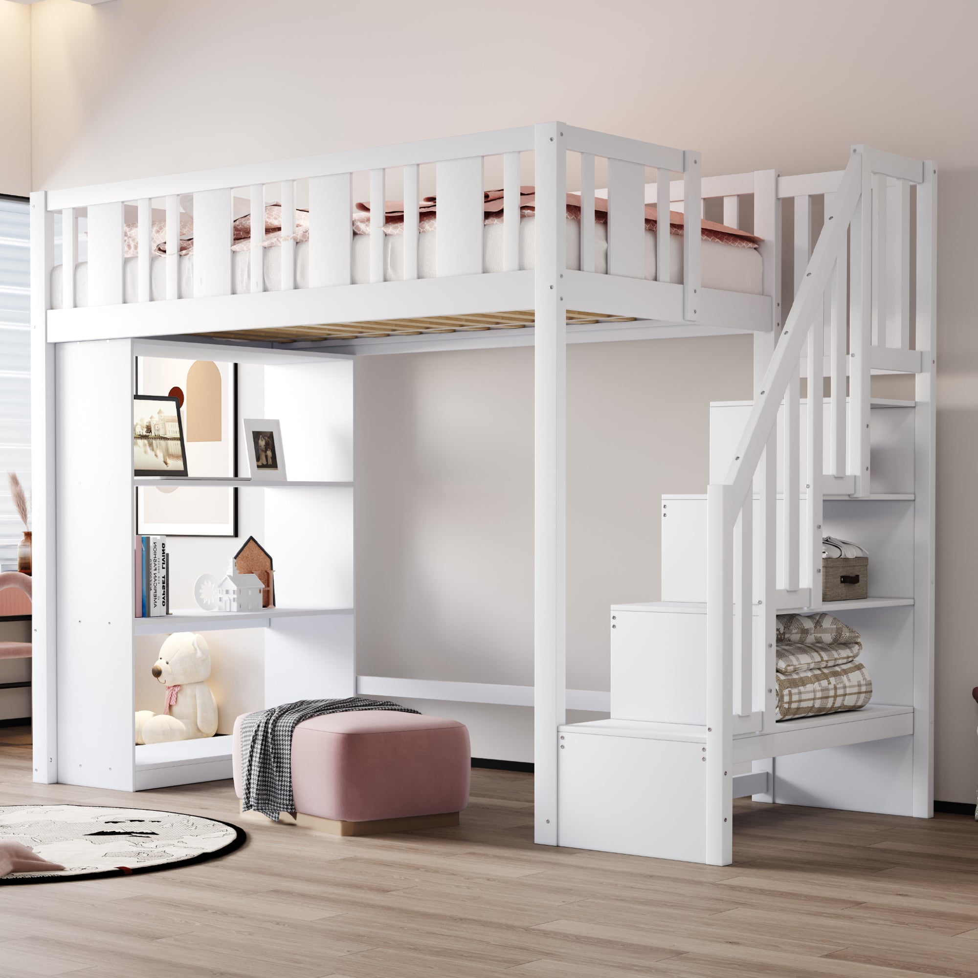 Loft Bed, 90x200cm with Storage Stairs, Functional Wooden Bed, White