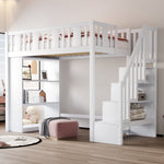 Loft Bed, 90x200cm with Storage Stairs, Functional Wooden Bed, White