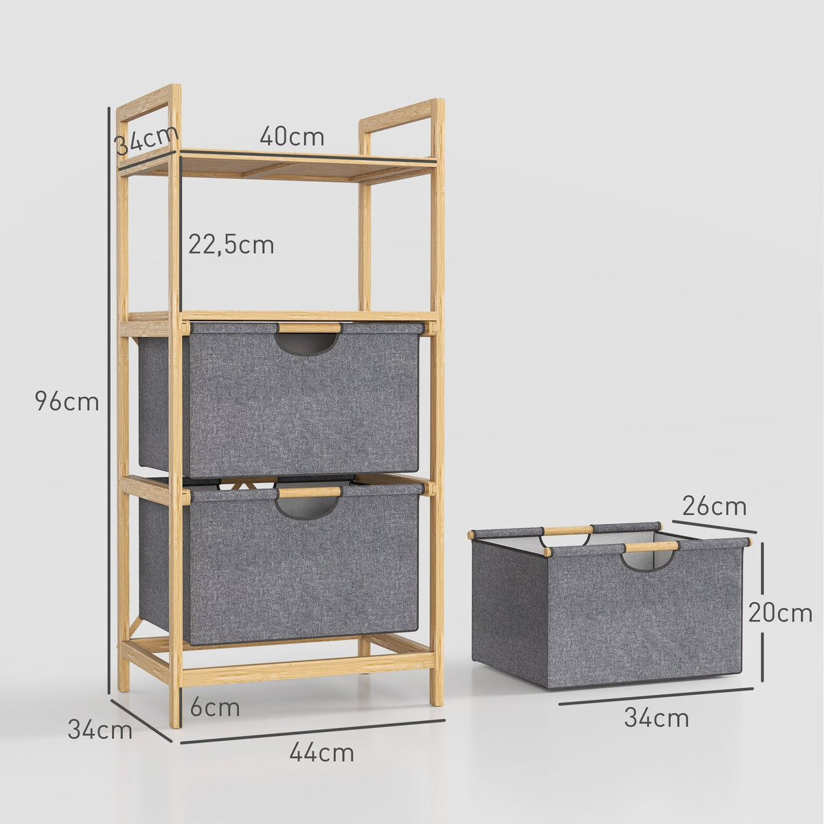 Laundry Basket with 2 Fabric Baskets, Open Shelves, Handle, Bamboo, Natural