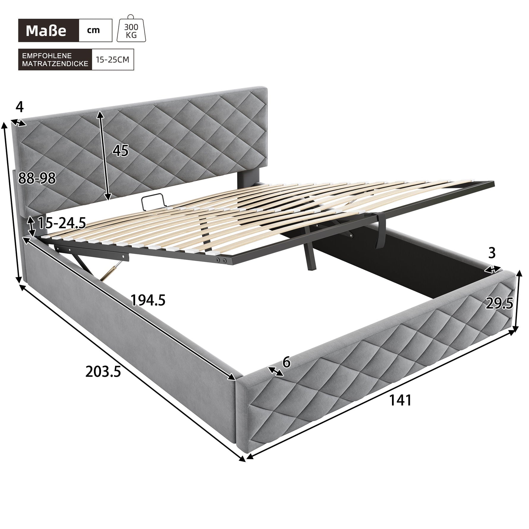 Upholstered Bed with Hydraulic Slatted Frame and Storage, 140x200cm, Grey