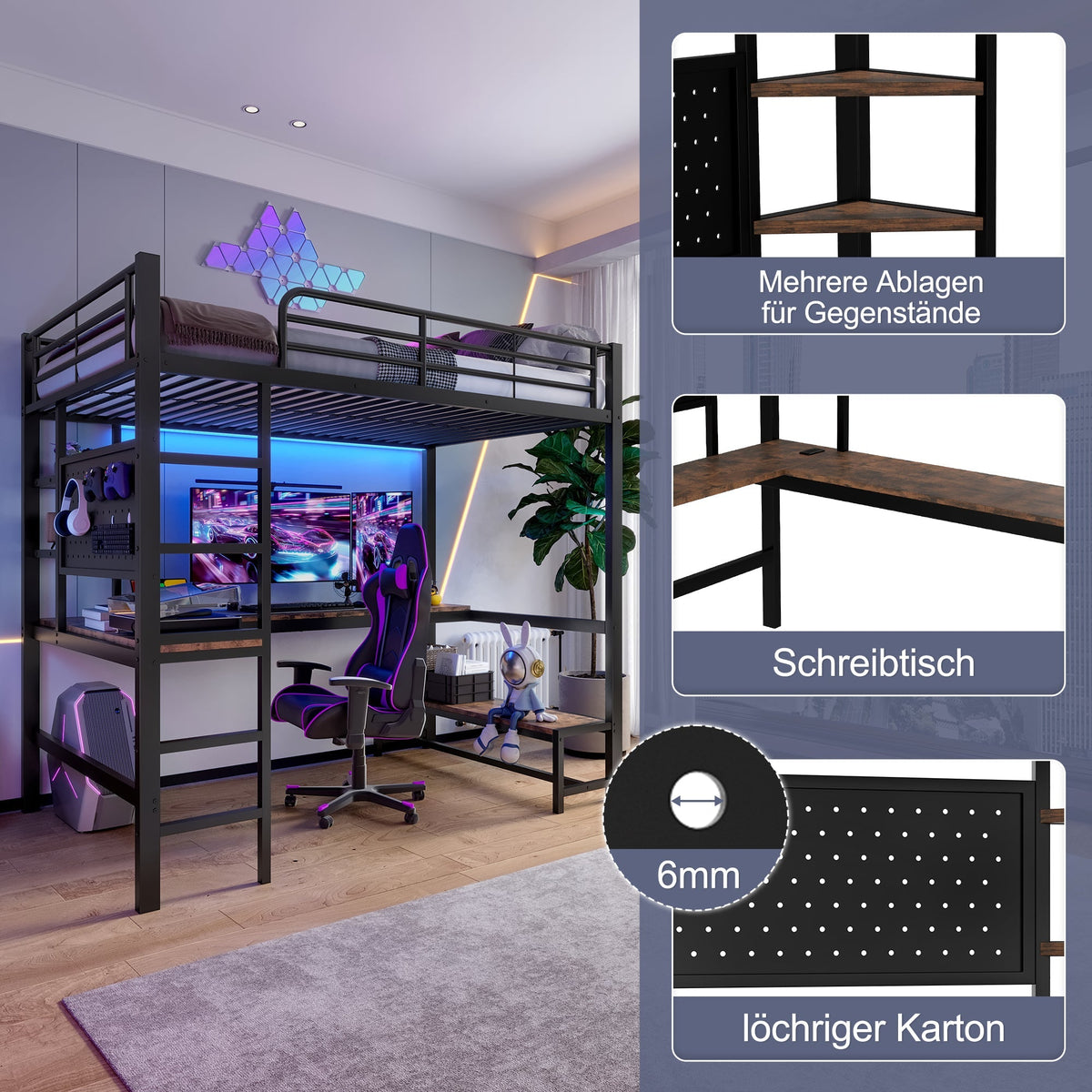 Loft Bed with Desk, Shelves, USB Sockets and LED Strip, Black Iron Frame