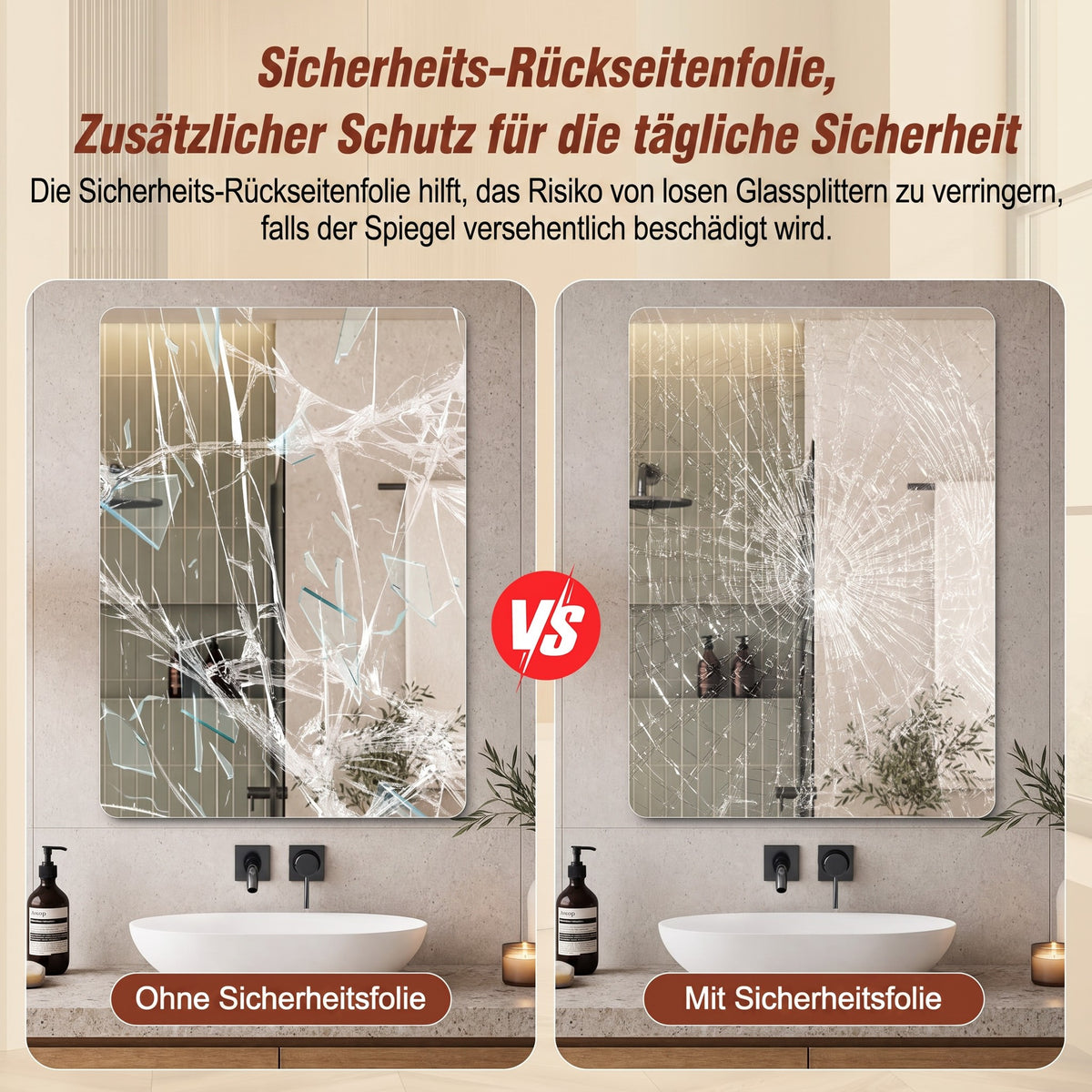 Frameless Bathroom Mirror 50x70 cm, Rounded Corners, Silver Glass