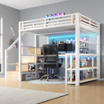 Loft Bed 140x200cm with Desk, Storage & LED, White Iron Frame