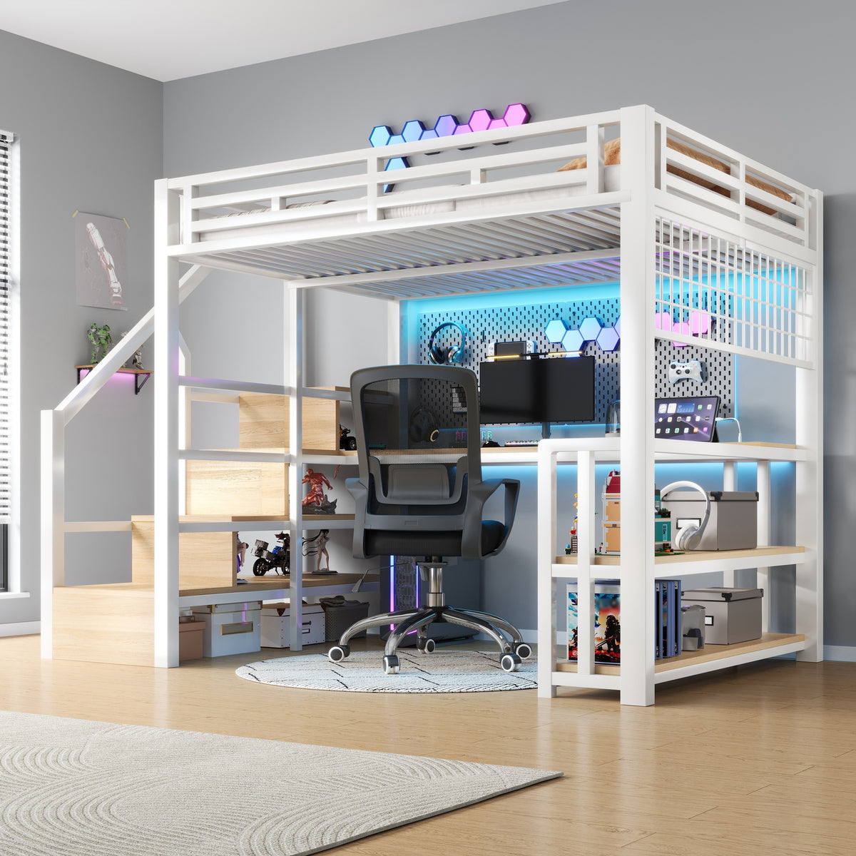 Loft Bed 140x200cm with Desk, Storage & LED, White Iron Frame