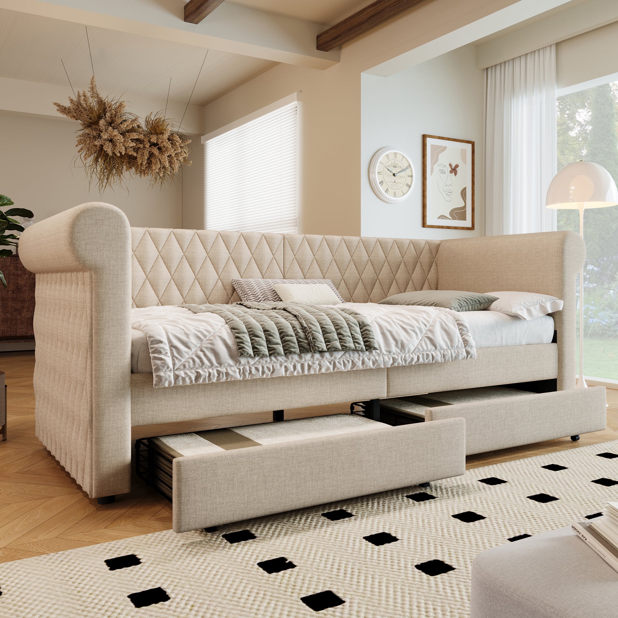 Vintage Upholstered Sofa Bed, 90x200 cm, 2 Storage Drawers, Linen Beige