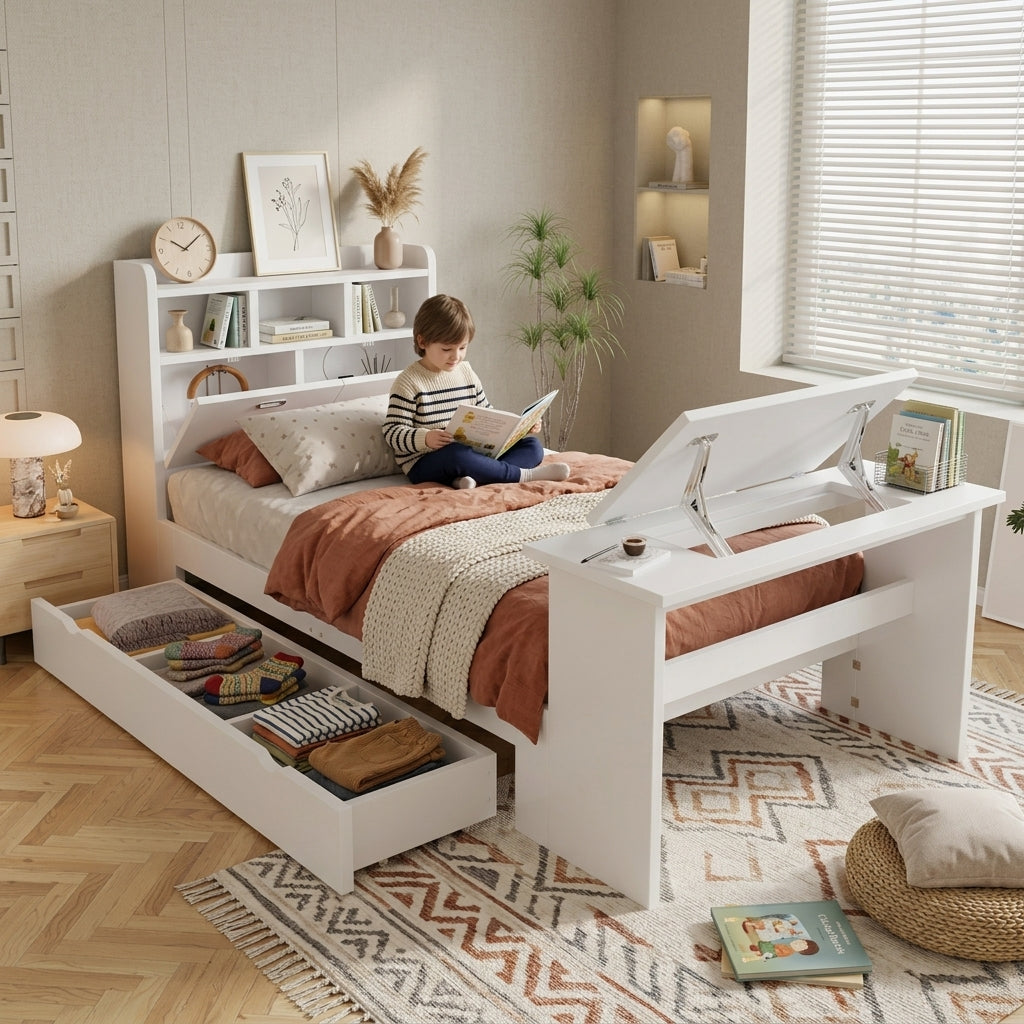 Children's Single Bed 90x200 with Storage Shelf in White Wood