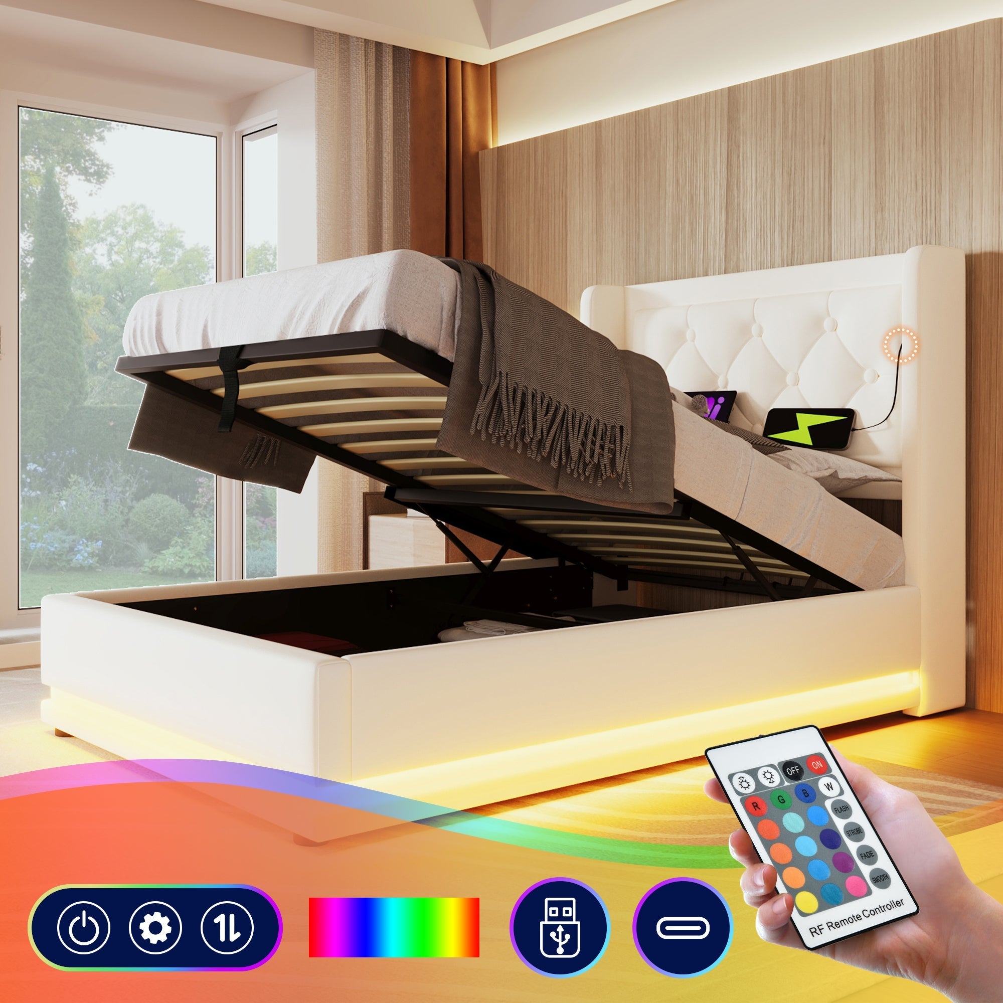 Upholstered Single Bed 90*200cm Hydraulic Storage Headboard USB Type-C LED, White PU