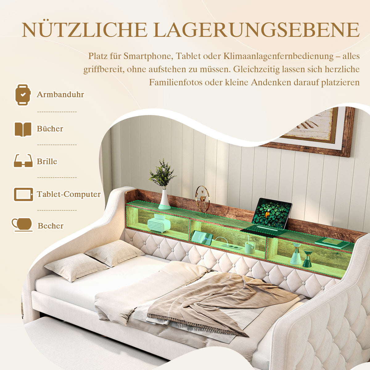 Space-Saving Sofa Bed 90x190cm with Storage & LED, Beige Velvet