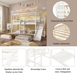 Bunk Bed, Children's with Slide, Roof Design, Three-Sleeper, Storage, Pine + MDF, White