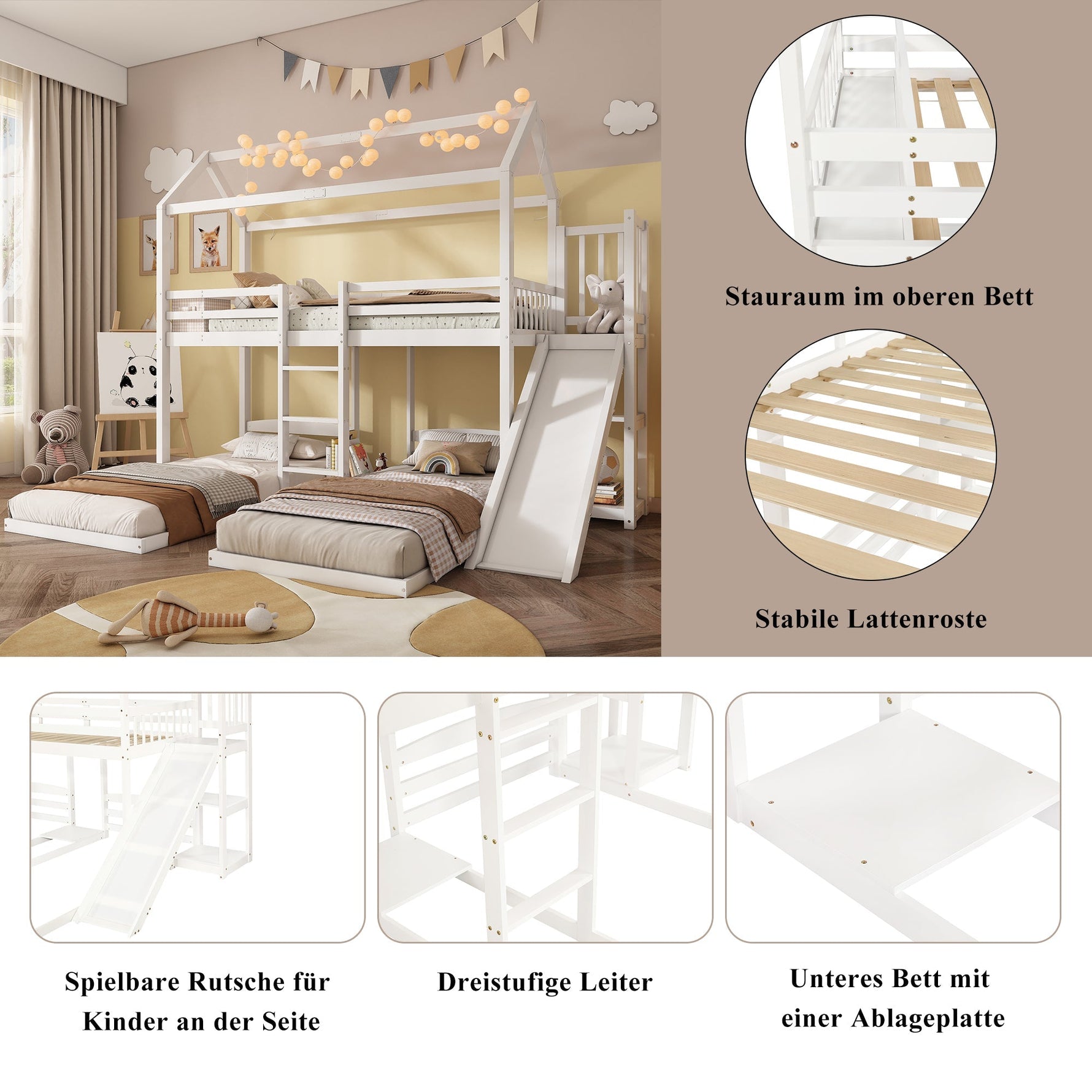 Bunk Bed, Children's with Slide, Roof Design, Three-Sleeper, Storage, Pine + MDF, White