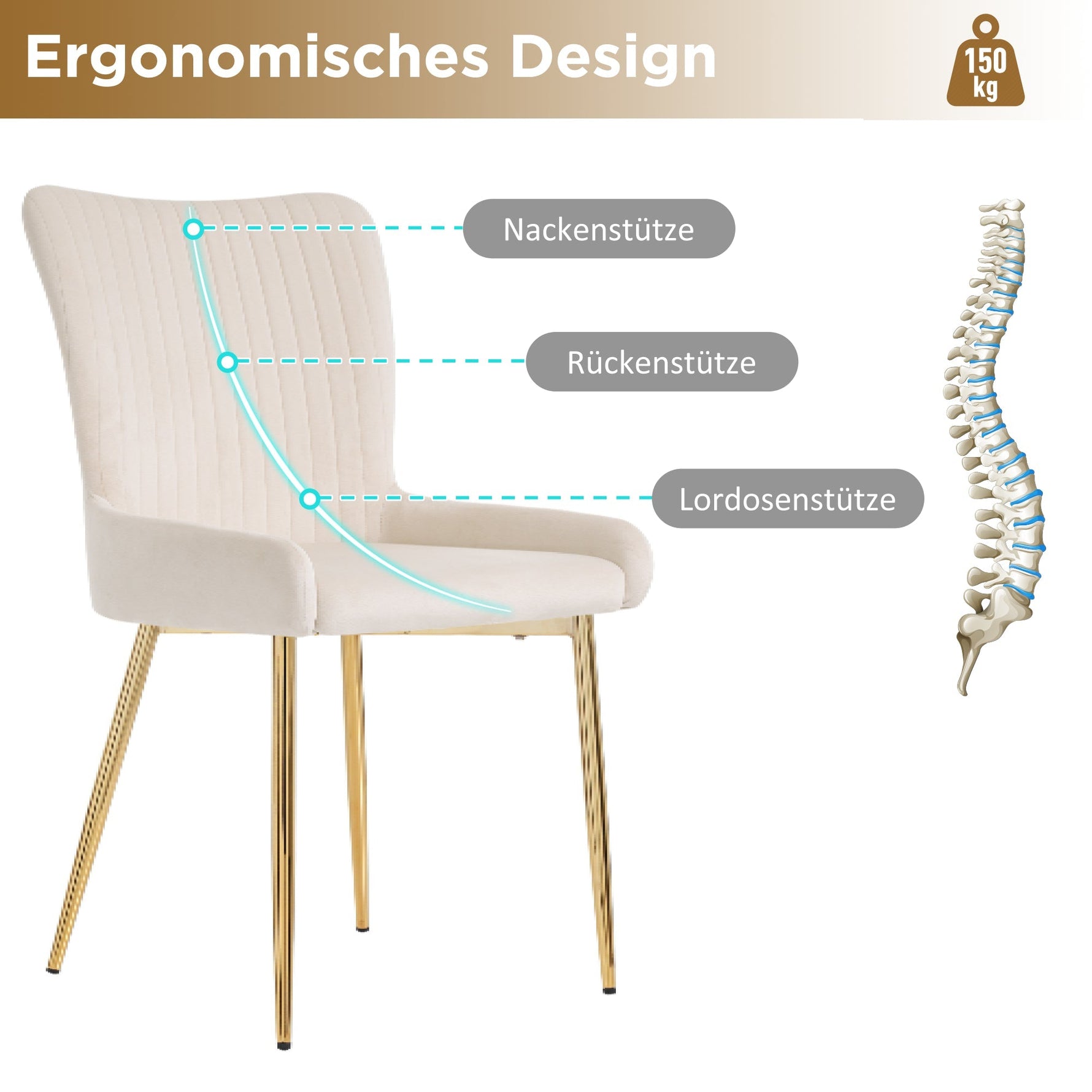 Velvet Dining Chair Set of 2 Gold Metal Legs Lumbar Support - Beige