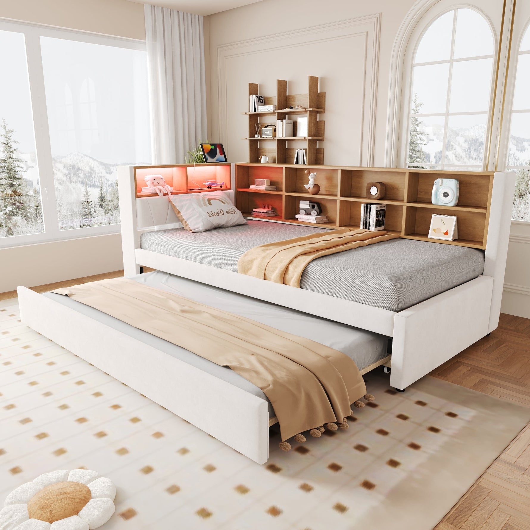 Sofa Bed 90x200 Pull-Out LED Storage Multifunctional Flannel Beige