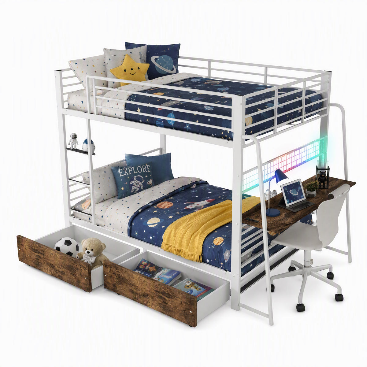 Loft Bed 140x200 cm with Desk, 2 Drawers & LED, White Metal