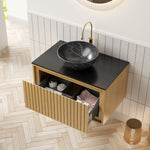 Wall-Hung Bathroom Sink 61cm Black Ceramic Bowl Sintered Stone Top Drawer - Corolla Oak